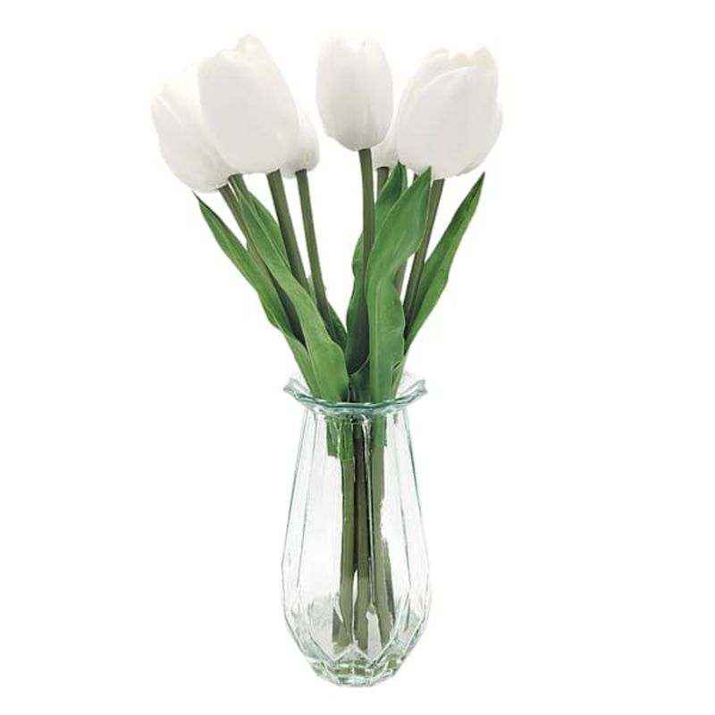 White Real Feel Tulip Arrangement in Glass Pot, 16″