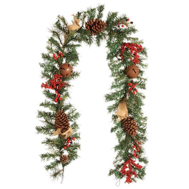 Bells, Berries, Burlap & Pinecones Garland 6ft | Rustic Holiday Charm | At Home