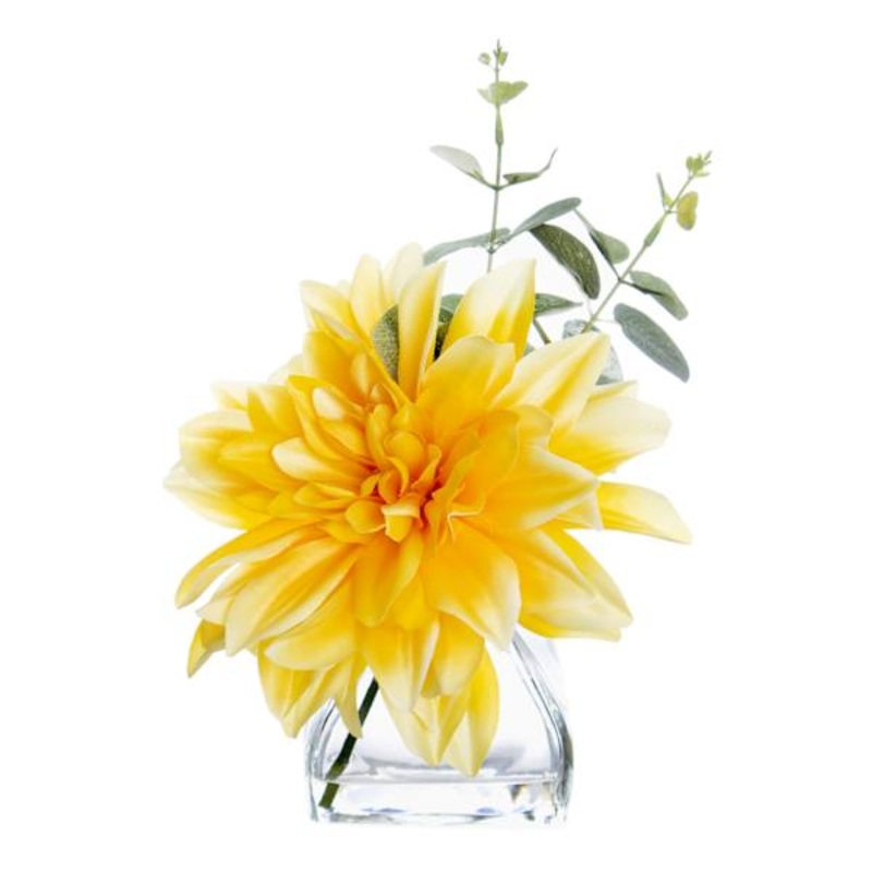 Yellow Dahlia & Eucalyptus in Glass Vase, 10″