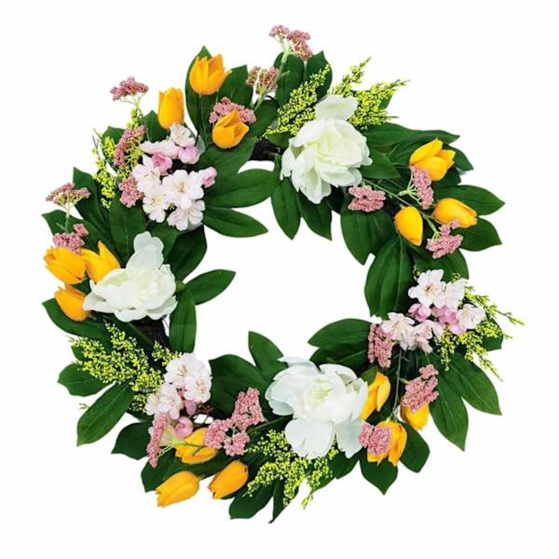 Yellow Tulip & White Peony Wreath, 24″