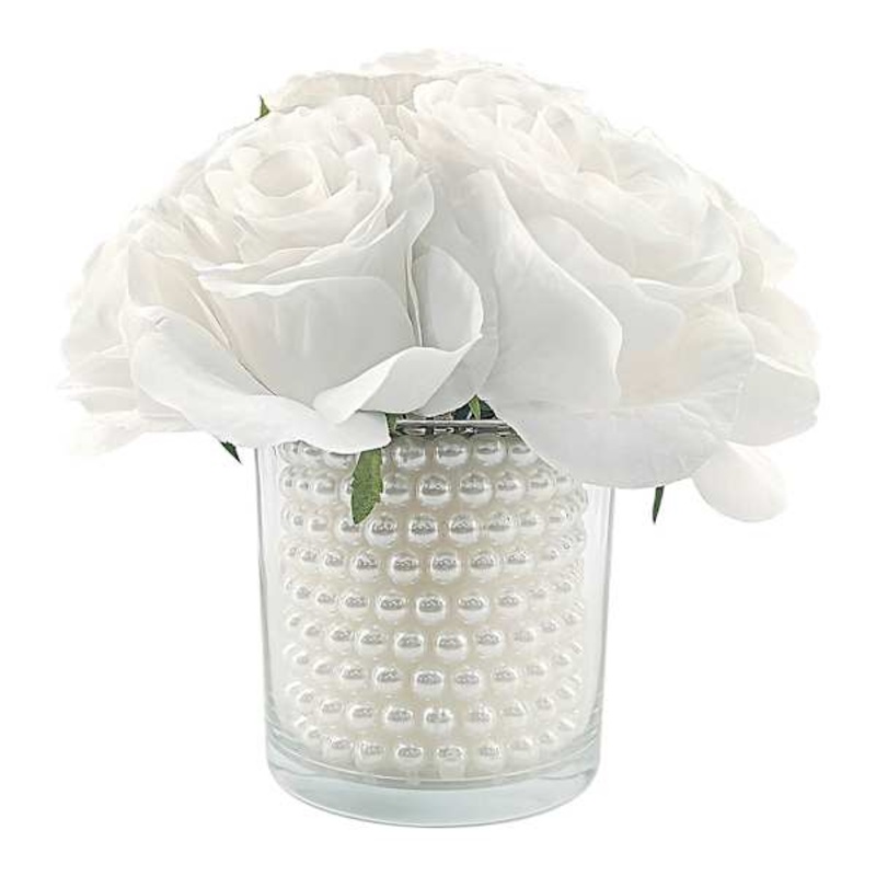Cream Rose Floral Bouquet with Pearls in Glass Vase, 8″