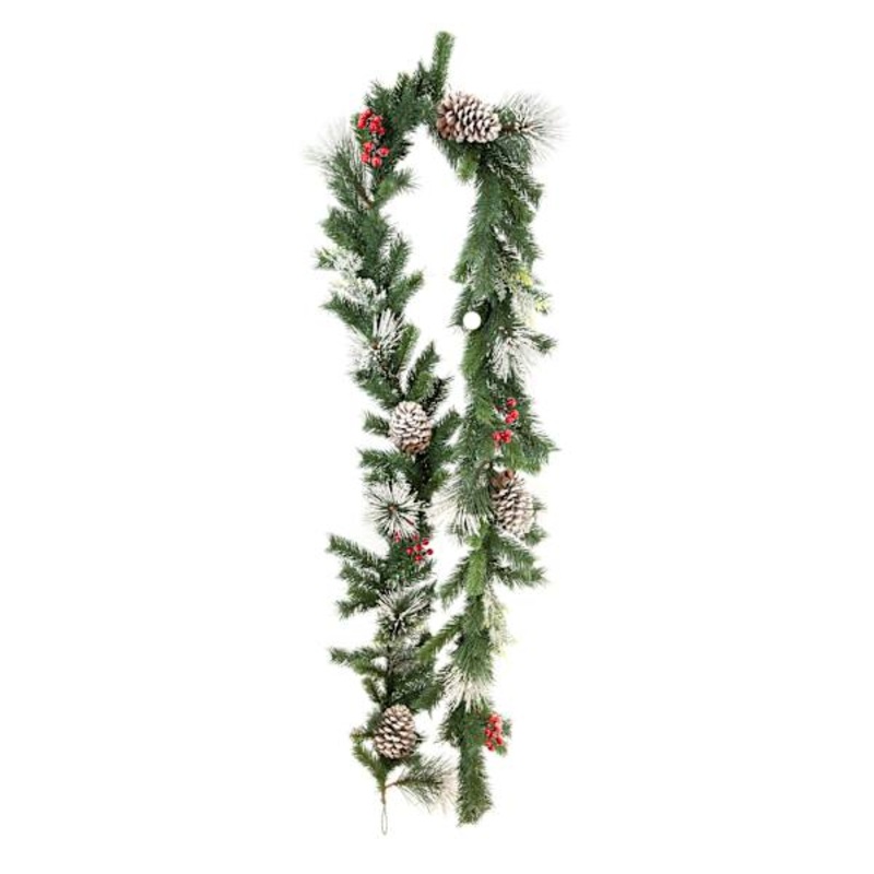 Flocked Pinecone Berry and Mixed Pine Garland 9′ | Snowy Holiday Greenery | At Home
