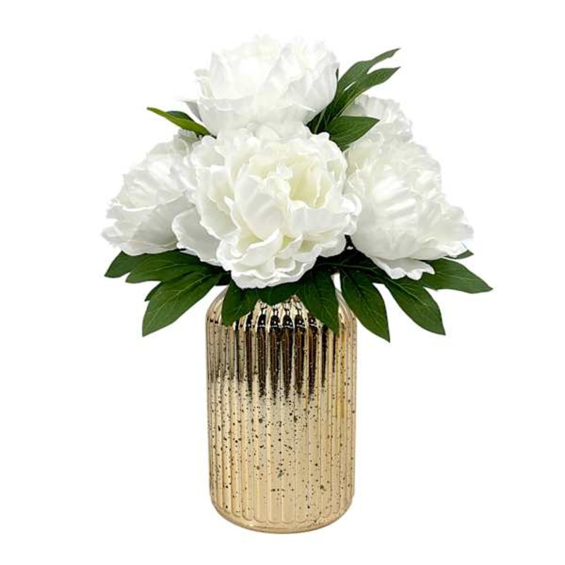 Providence White Peony in Gold Glass Planter, 13.5″