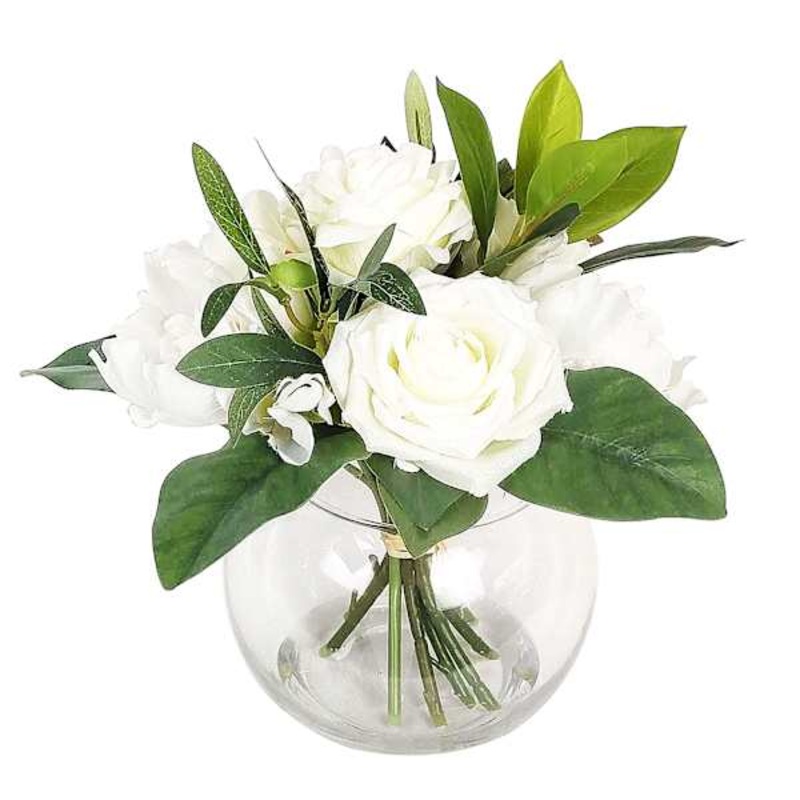 Mixed Peony Floral Arrangement in Glass Vessel, 8″