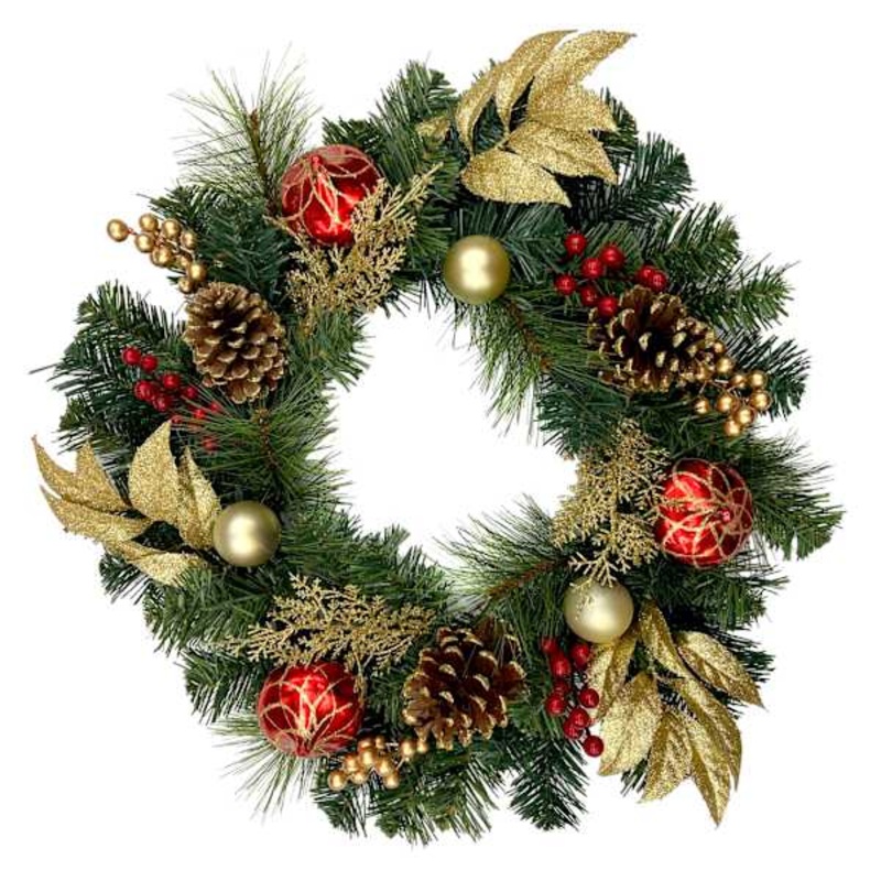 Red and Gold Ornament and Pinecone Wreath 24″ | Classic Holiday Decor | At Home