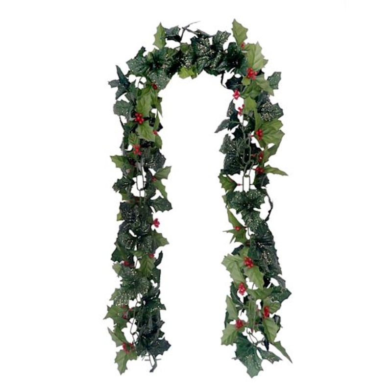 Green Glittered Holly Garland 5.5ft | Festive Holiday Greenery | At Home