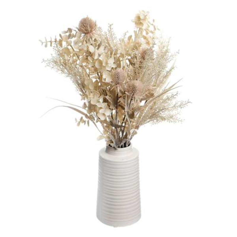 Honeybloom Thistle & Eucalyptus Arrangement in White Pot, 20″