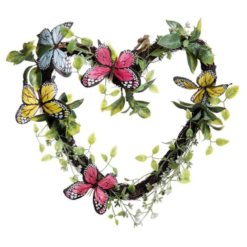 Pink & Yellow Butterfly Heart Wreath, 12″