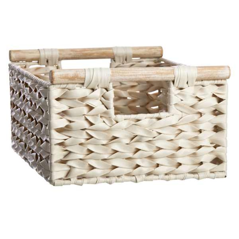 Found & Fable White Rattan Rectangle Storage Basket with Wooden Handle, Small