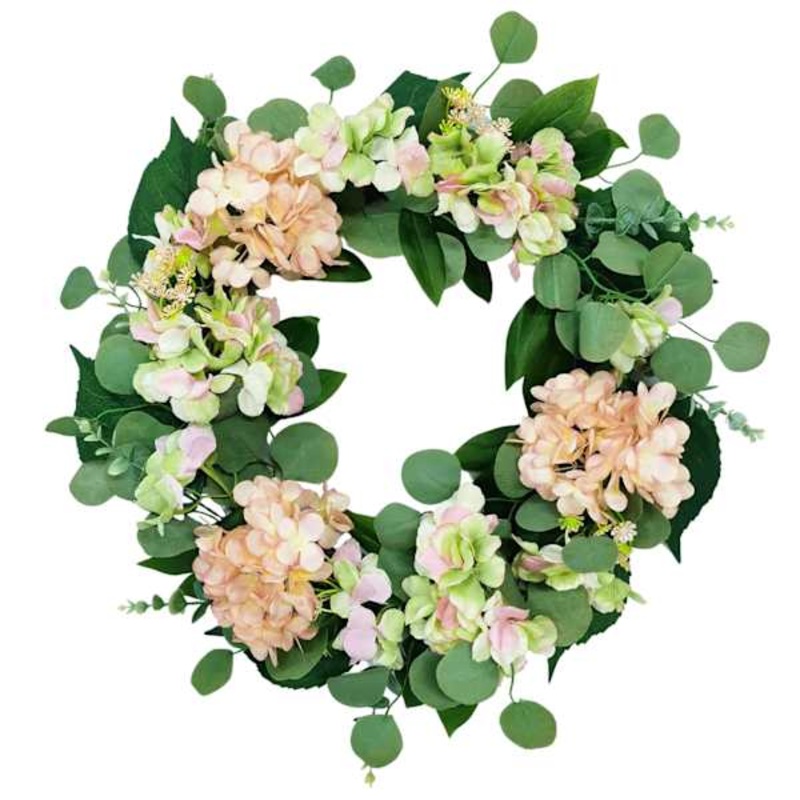 Green & Pink Hydrangea Wreath, 24″