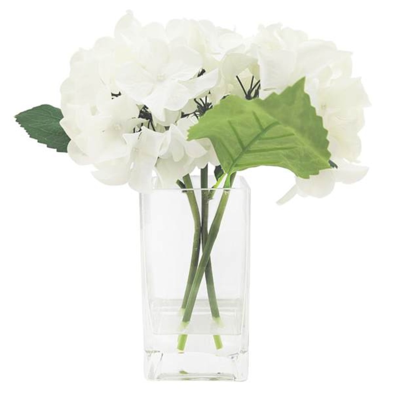 Providence White Real Feel Hydrangea Arrangement in Glass Pot, 10″