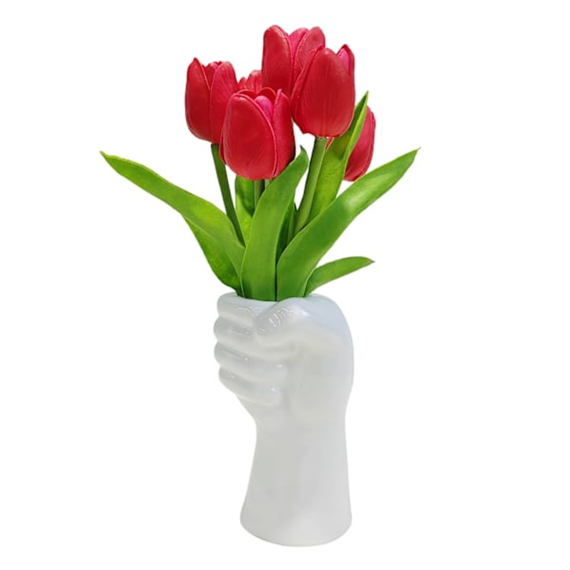 Red Real-Feel Tulips in Hand Shaped Ceramic Pot, 12″