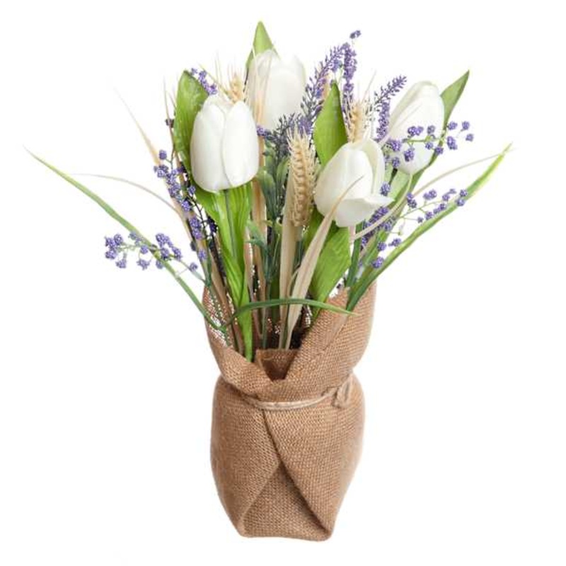 Tulip & Lavender Bouquet with Burlap, 13″