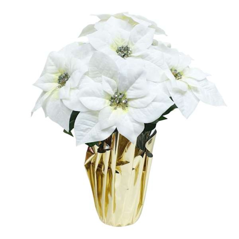 White Poinsettias in Gold Foil Pot Large | Holiday Decor | At Home