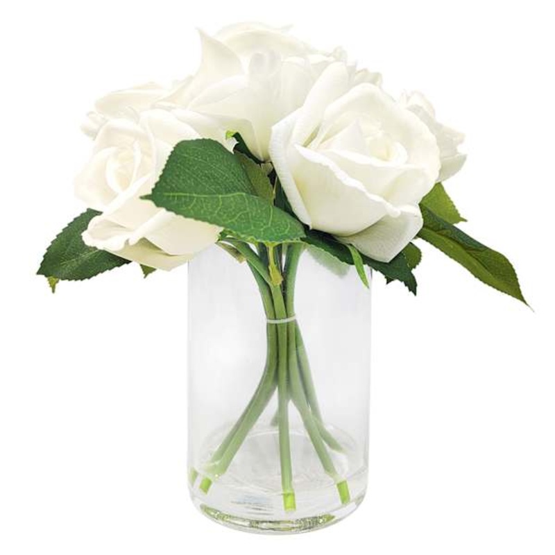 White Real Feel Rose Arrangement in Glass Pot, 10″