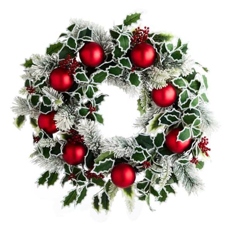 24In Snow Holly Ball Pine Wreath | At Home
