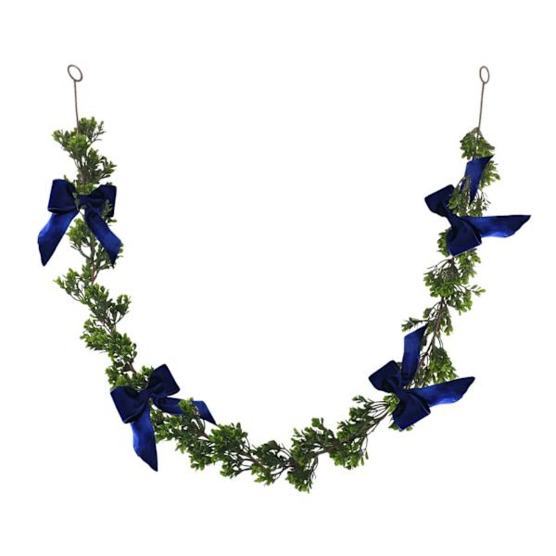 Providence Boxwood Garland with Blue Ribbon, 6′