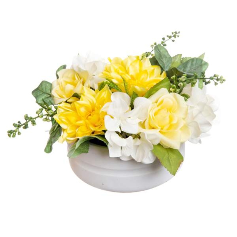 Yellow Dahlia Floral Arrangement with Cement Planter, 12″