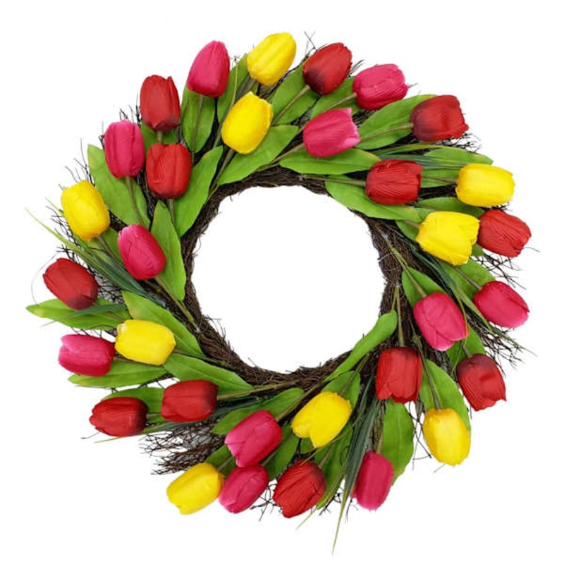 Assorted Pink & Yellow Tulip Wreath, 22″