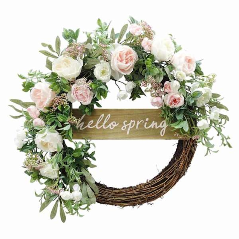 Hello Spring Pinks Roses & Leaves Floral Wreath, 24″