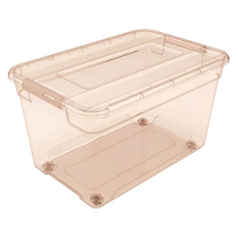 Pink Tinted Storage Container with Dual Hinging Lid & Wheels, 52l