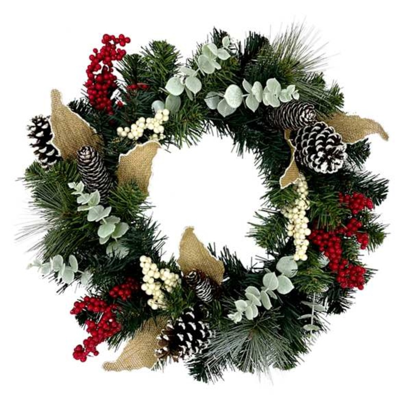 Red and White Berry Eucalyptus Pine Wreath 20″ | Rustic Holiday Decor | At Home
