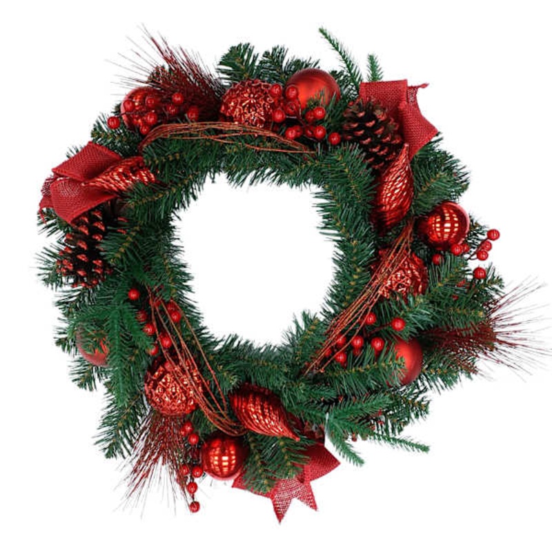 Red Ornaments, Ribbon, and Pine Wreath 22″ | Festive Holiday Accent | At Home