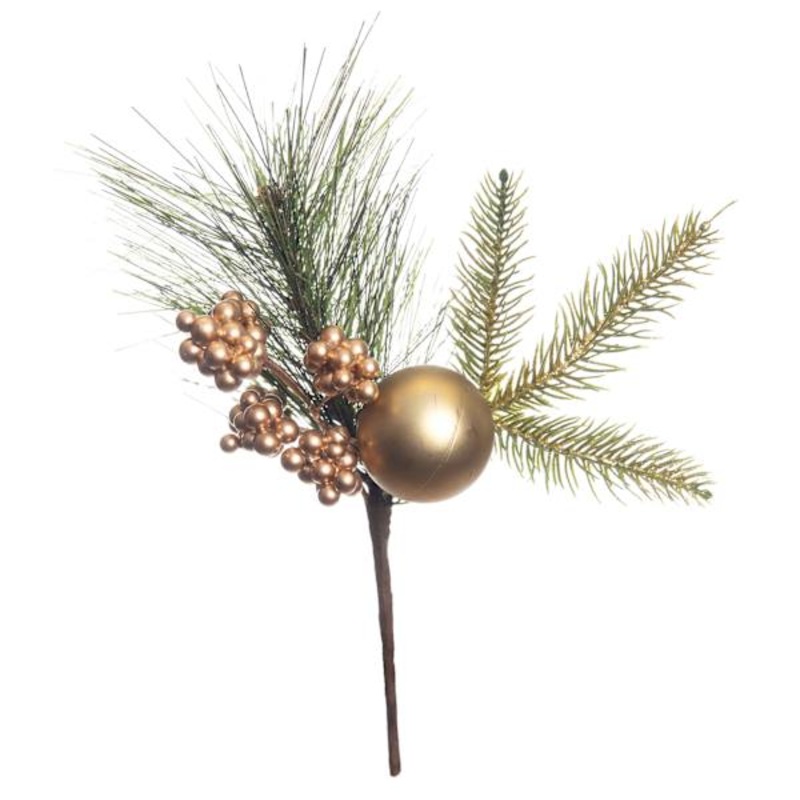Gold Glittered Berry Ball and Pine Pick 12″ | Holiday Greenery | At Home