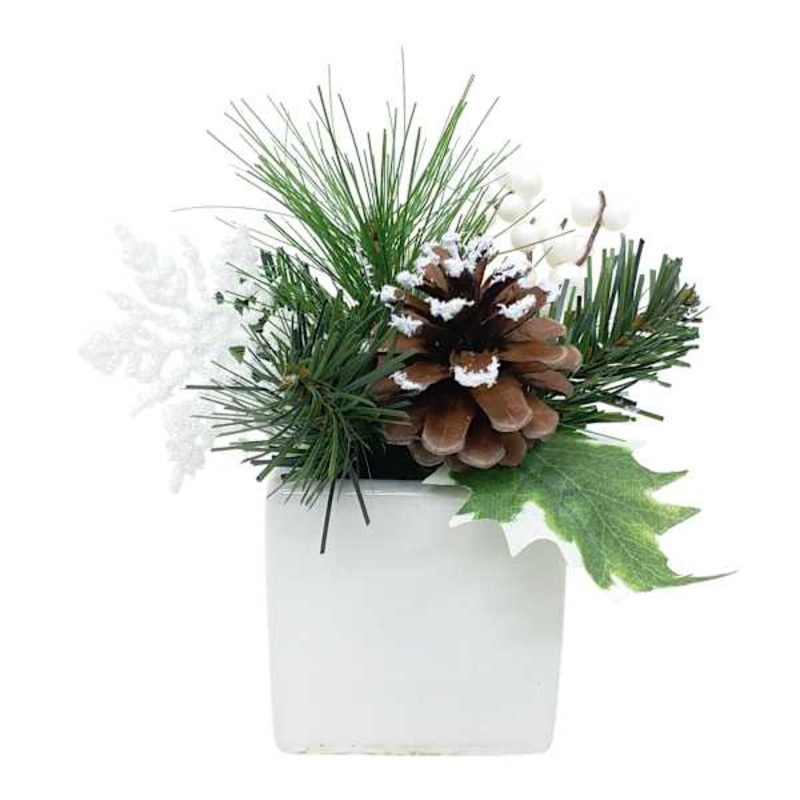 White Berry and Pinecone Arrangement in Ceramic Pot 6″ | Elegant Holiday Decor | At Home