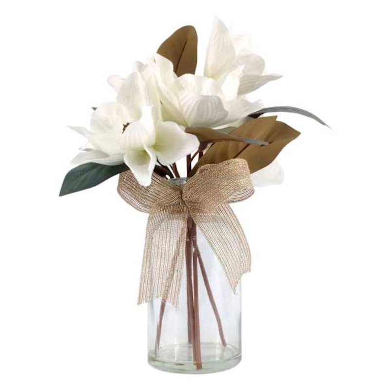 White Magnolia Flowers with Glass Planter, 16″