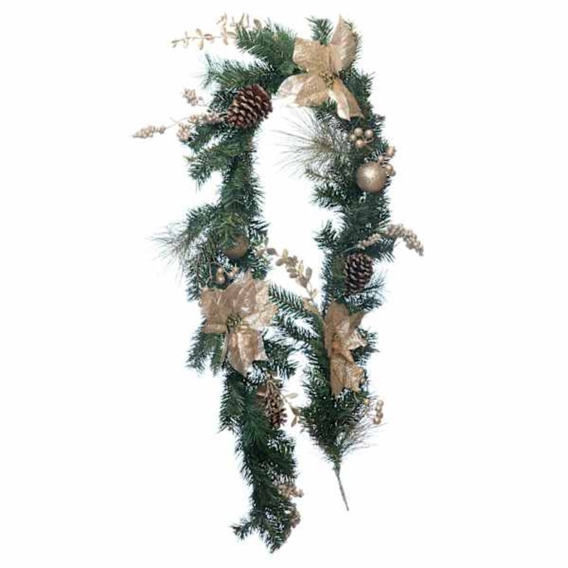 Gold Poinsettia and Cone Garland 6′ | Holiday Dcor | At Home