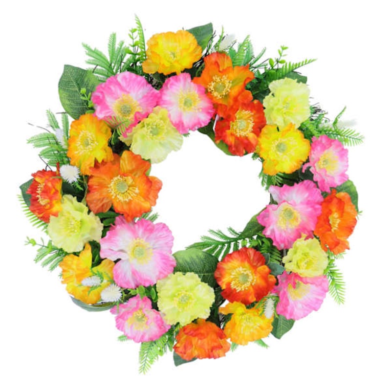 Multicolor Poppy & Thistle Spiral Vine Wreath, 22″
