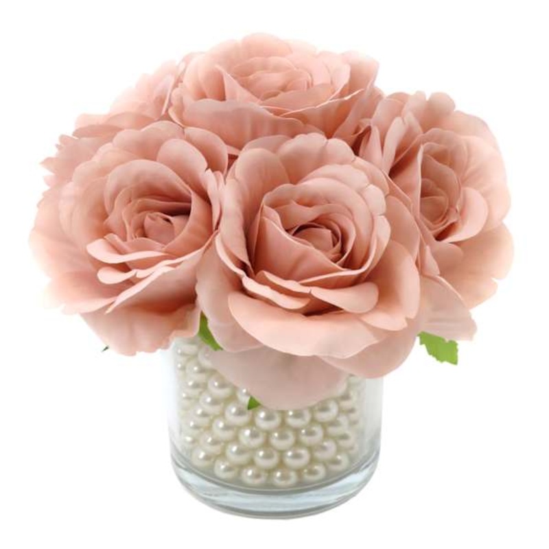 Pink Rose Floral Bouquet with Pearls in Glass Vase, 8″