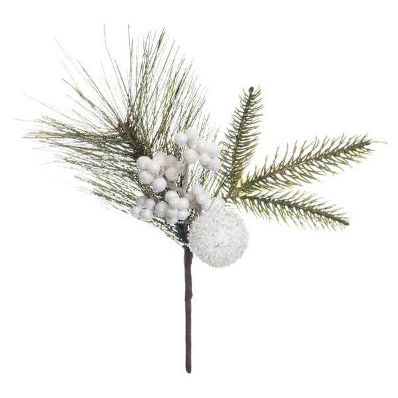 White Glittered Berry Ball and Pine Pick 12″ | Holiday Dcor | At Home