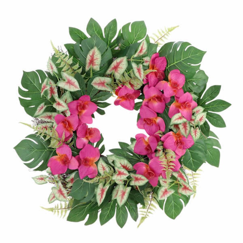 Pink Orchid with Mixed Tropical Leaves Wreath, 24″