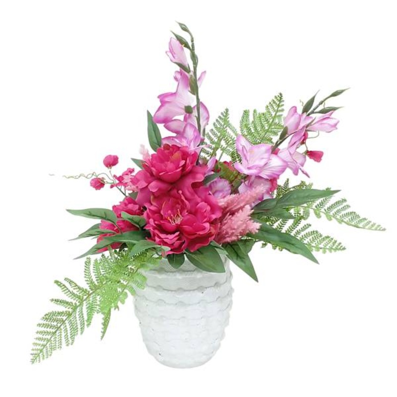 Pink Peony & Gladiolus in White Cement Pot, 22.5″