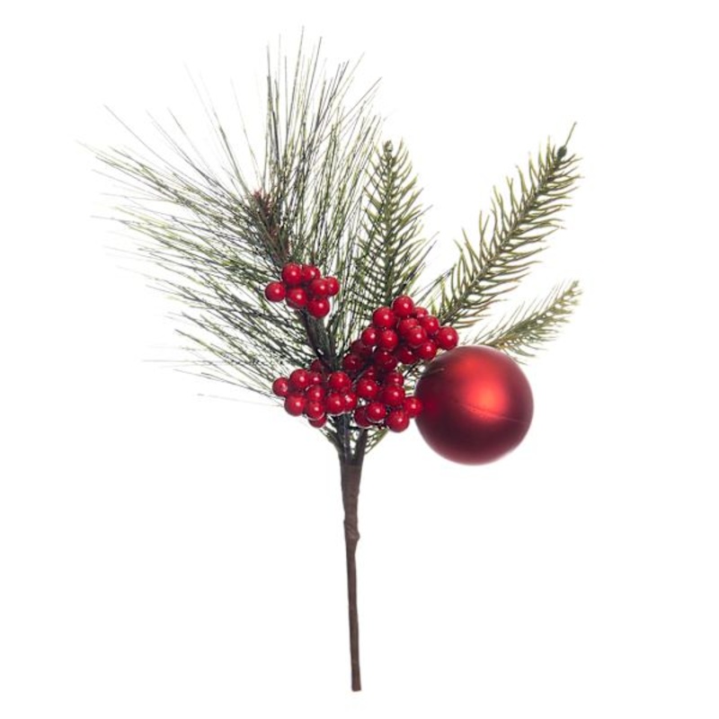 Red Glittered Berry Ball and Pine Pick 12″ | Floral Dcor | At Home