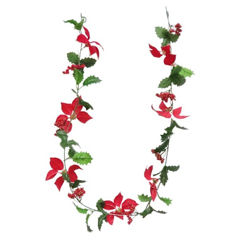 Red Glittered Poinsettia and Berry Garland 6′ | Holiday Dcor | At Home