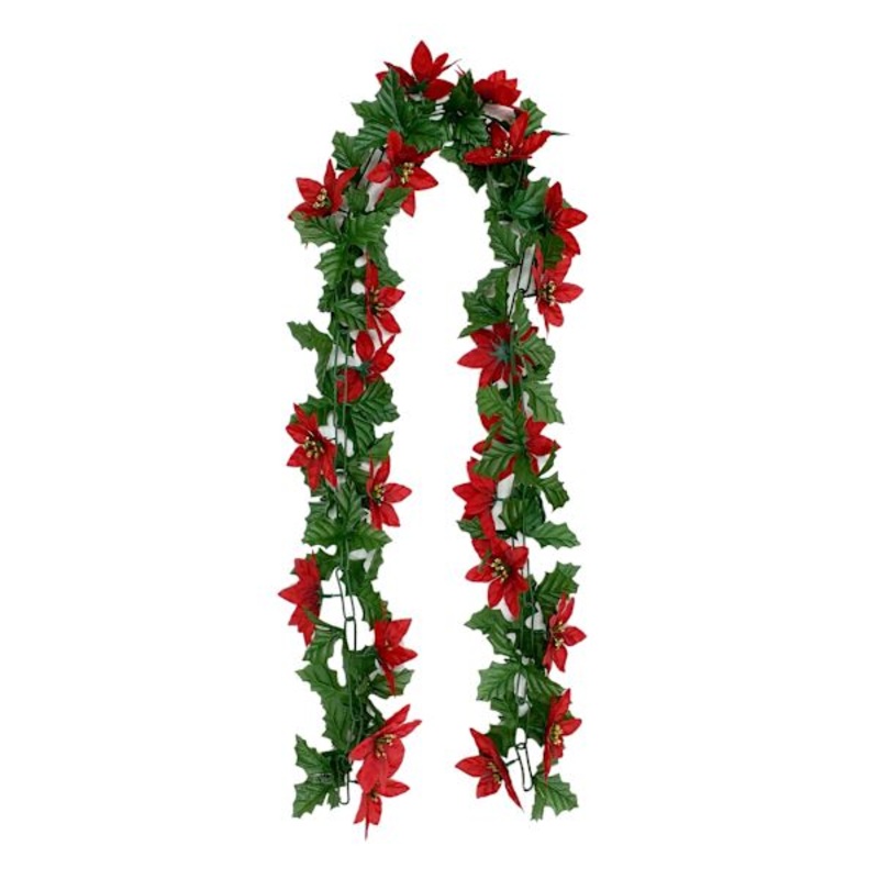 Red Poinsettia and Holly Garland 6′ | Traditional Holiday Decor | At Home