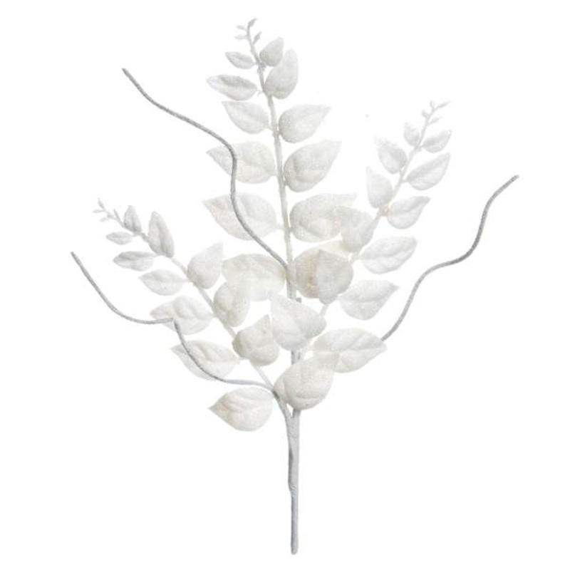 White Glittered Leaf Stem 14″ | Holiday Florals | At Home