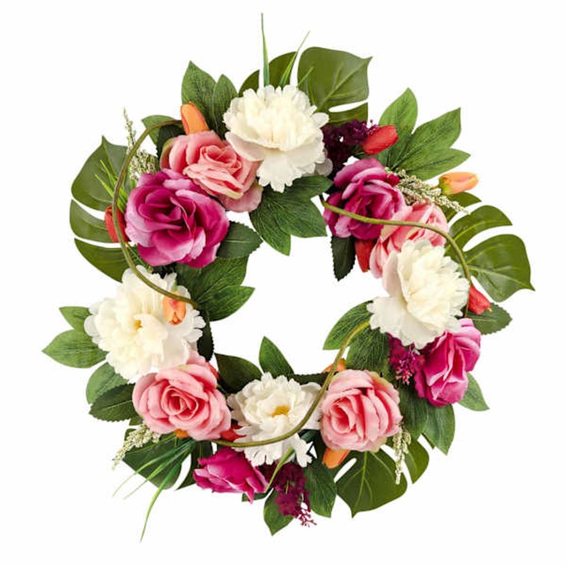 Pink & White Rose & Peony Wreath, 24″