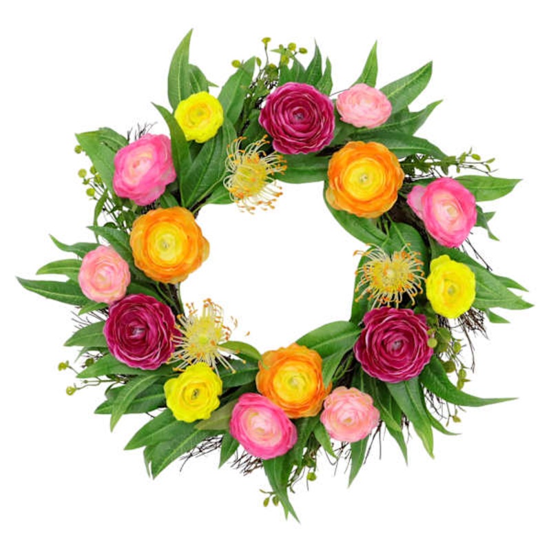 Ranunculus & Powder Puff Spiral Vine Wreath, 22″
