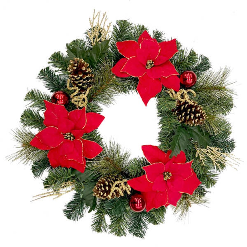 Red Poinsettia and Pinecone Wreath 24″ | Wreaths | At Home