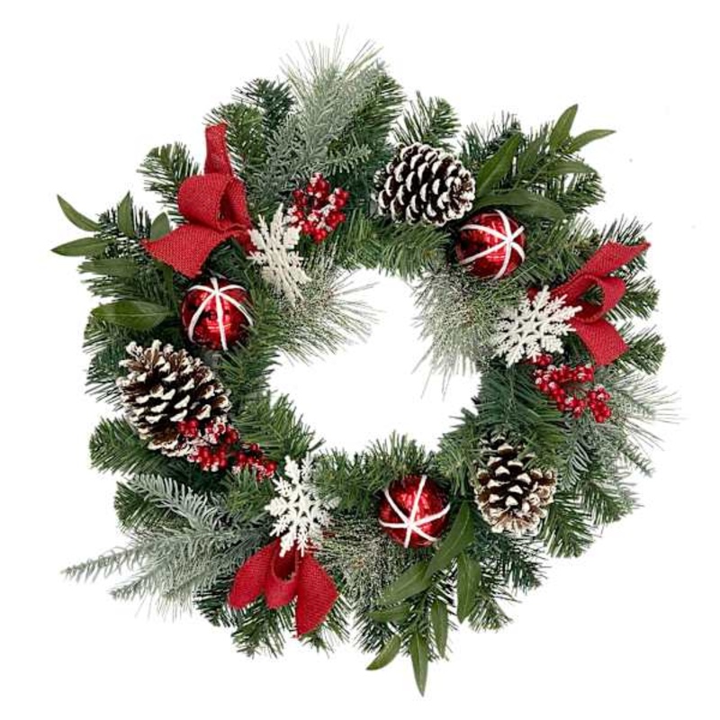 White Snowflakes and Red Ornaments Wreath 24″ | Festive Holiday Decor | At Home