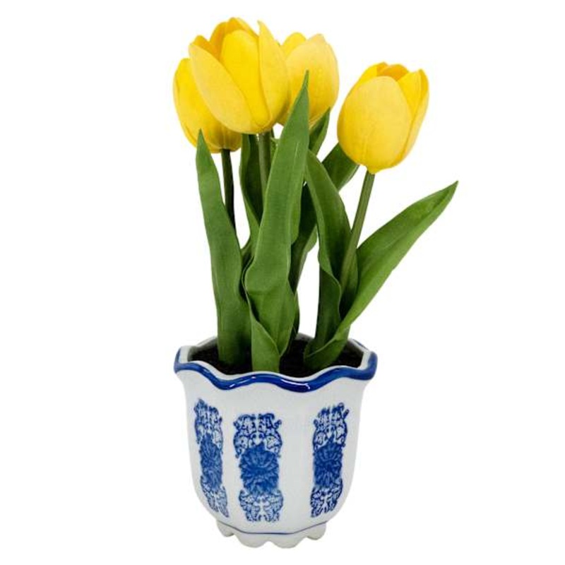 Yellow Tulips in Ceramic Pot, 11″