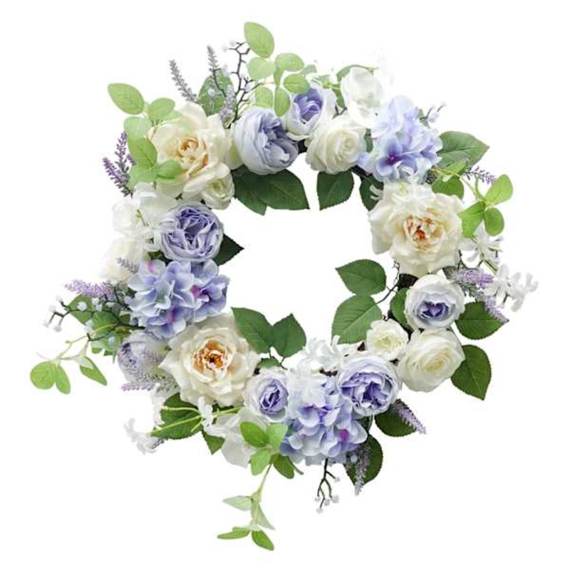 Blue & White Rose & Hydrangea Wreath, 23″