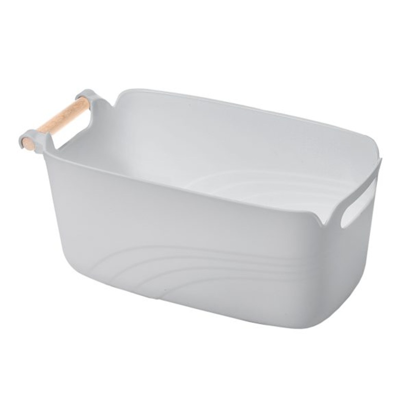 Grey Storage Bin with Wood Handle, Medium