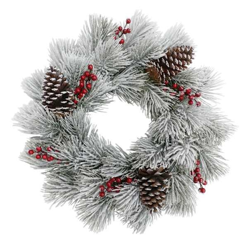 White Flocked Pinecone & Berry Wreath 22″ | Holiday Wreaths | At Home