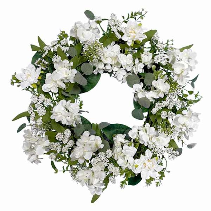 White Hydrangea & Leaves Wreath, 22″