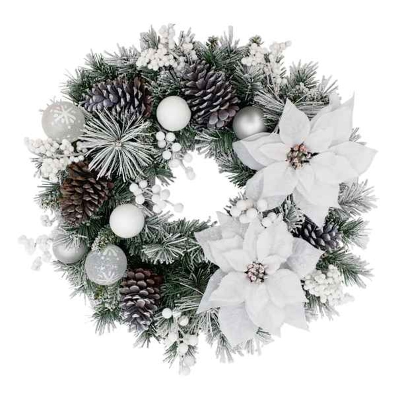 White Poinsettia Ornament & Pine Wreath 24″ | Wreaths | At Home